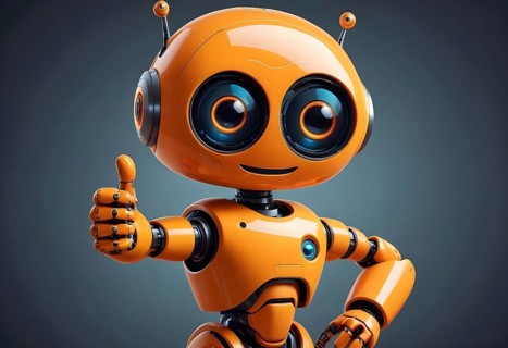 A cheerful orange humanoid robot giving a thumbs up, conveying a friendly and advanced