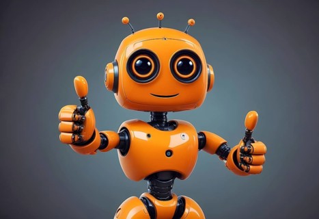 A joyful, friendly orange robot giving a thumbs up, evoking a futuristic and happy atmosphere, AI