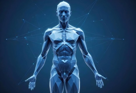 A geometric human figure composed of polygons and networks in a blue hue, representing advanced