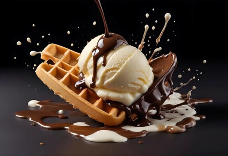 Indulgent dessert featuring a waffle topped with ice cream and chocolate sauce splashing, set