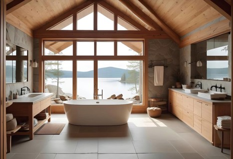 Modern bathroom with a large tub and wooden interior, featuring large windows with a lake view,