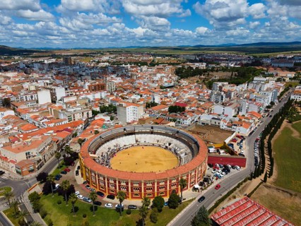 Aerial view of a city with a centrally located bullring under a cloudy sky, aerial view,