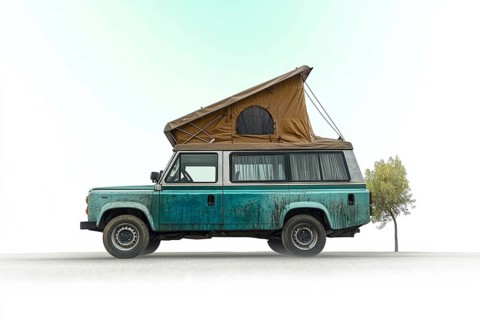 Vintage green camper van with a tent roof in a quiet, open area next to a single tree, AI generated