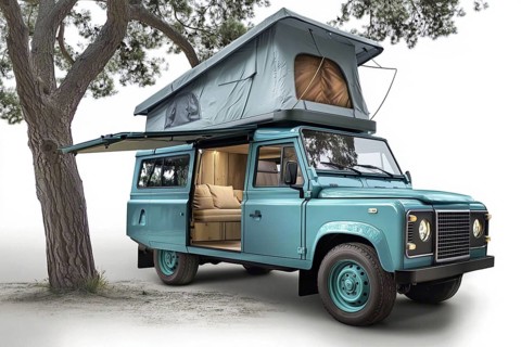 Vintage blue camper van with tent roof parked next to a tree in a forest, ready for adventure, AI