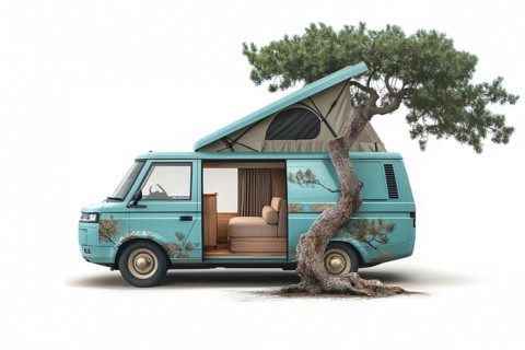 Uniquely painted turquoise van parked beside an olive tree, blending vintage design with natural