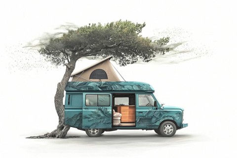 Artistic blue van under a tree, set in a wilderness environment with a creative touch, AI generated