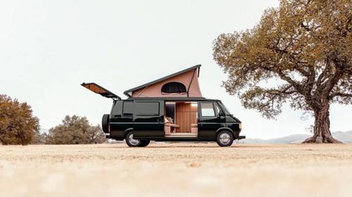Vintage black van beside a large tree in an open field, evoking a sense of adventure and freedom,