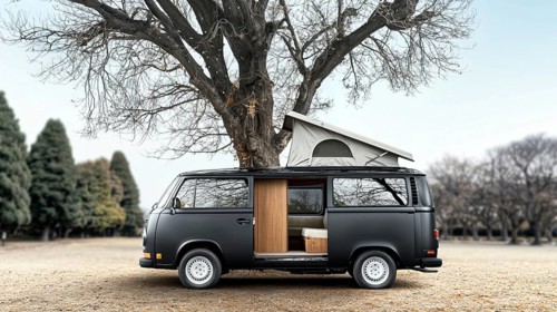 Gray van parked under a leafless tree outdoors in a minimalist setting with autumn vibes, AI