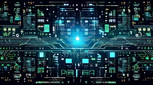 Cyber technology mosaic wallpaper illustration in digital art, AI generated