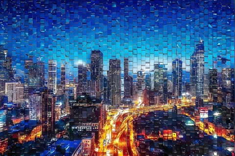 Cyber technology mosaic wallpaper illustration in digital art, AI generated