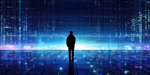 Cyber technology mosaic wallpaper illustration in digital art, AI generated