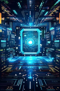 Cyber technology mosaic wallpaper illustration in digital art, AI generated