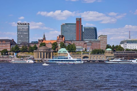 Norderelbe with St.-Pauli-Landungsbrücken, Tanzende Türme skyscraper, Atlantic-Haus Hamburg and