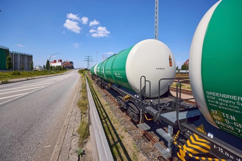 Road with railway tracks and tank wagons in Hamburg harbour, Free and Hanseatic City of Hamburg,