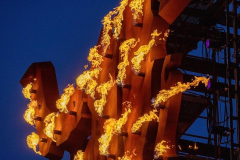 Bullhead with pyrotechnics at the Wacken Open Air in Wacken. The traditional metal festival will