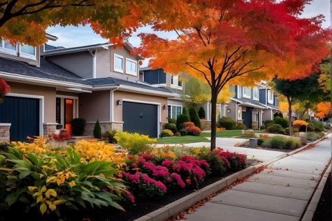 A serene suburban street featuring modern homes in autumn with colorful plants, AI generated