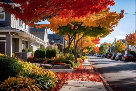 A serene suburban street featuring modern homes in autumn with colorful plants, AI generated