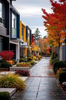 A serene suburban street featuring modern homes in autumn with colorful plants, AI generated