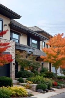A serene suburban street featuring modern homes in autumn with colorful plants, AI generated