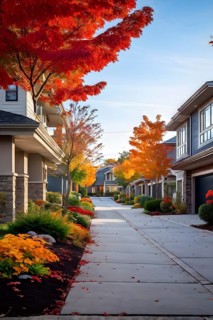 A serene suburban street featuring modern homes in autumn with colorful plants, AI generated