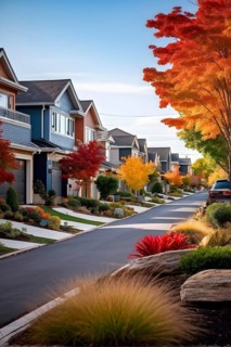 A serene suburban street featuring modern homes in autumn with colorful plants, AI generated