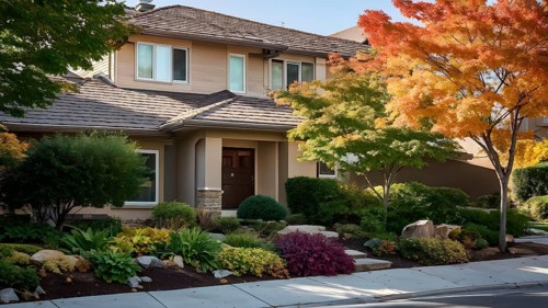 A serene suburban street featuring modern homes in autumn with colorful plants, AI generated