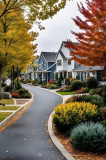 A serene suburban street featuring modern homes in autumn with colorful plants, AI generated