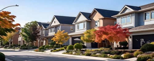 A serene suburban street featuring modern homes in autumn with colorful plants, AI generated