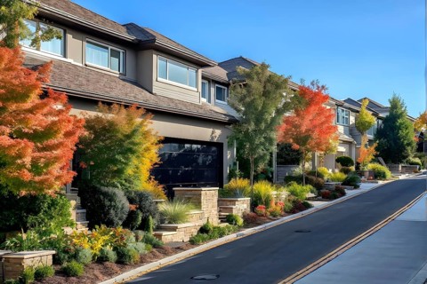 A serene suburban street featuring modern homes in autumn with colorful plants, AI generated
