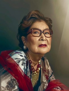 Aged woman in a traditional outfit with floral patterns, wearing glasses and a thoughtful