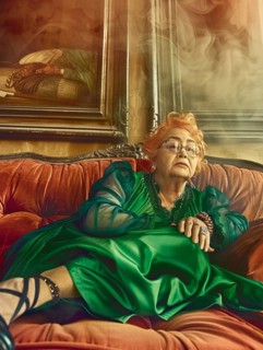 Elderly woman with orange hair and glasses in a green dress, reclining on a plush sofa with framed
