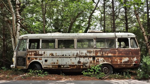 An old rusted bus abandoned in a forest, surrounded by dense vegetation and showing signs of decay,