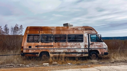 A rusty white and brown van parked in an open field, showing significant signs of wear and decay,