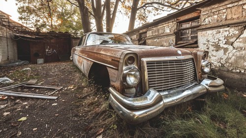 Front view of an old, rusted car parked next to a crumbling building, partially overgrown with