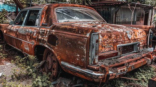 An old, rusted car surrounded by overgrown vegetation in an urban decay setting, AI generated