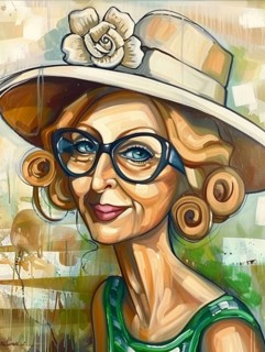 A cheerful cartoon-style portrait of an older woman wearing glasses and a hat with a flower,