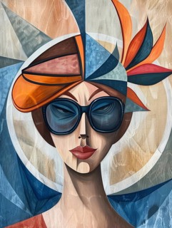 A modern woman wearing sunglasses in a colorful, dynamic stained glass style with abstract