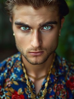 Close-up portrait of a man with an intense gaze, wearing a blue floral shirt and a gold chain, AI