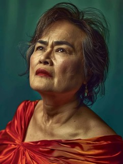 Elderly woman in a red dress with a thoughtful expression, captured in dramatic lighting, AI