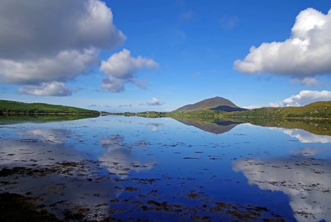 Calm lake with cloud reflections and mountains in the background, Letterfrack, Connemara National