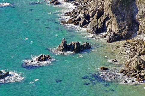 Rocky coastline with cliffs and turquoise water, Kell Beach, Achill Island, County Mayo, Ireland,