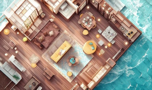 A cozy houseboat's floor plan showcasing modern interior design with wood flooring and tasteful