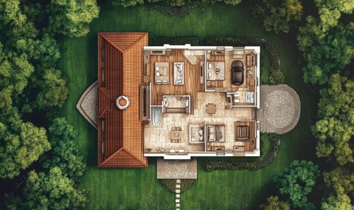Aerial view of a house floor plan surrounded by lush greenery revealing the layout of various rooms
