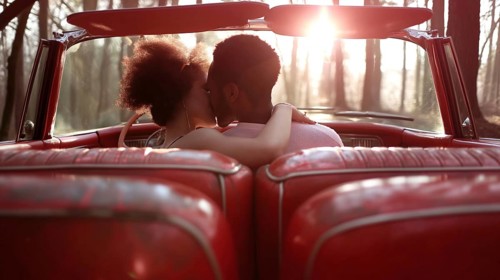Romantic moment of a couple kissing in a red convertible with a forest and sunset background, AI