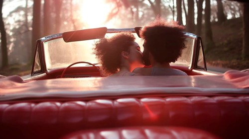 A couple sharing an intimate kiss in a red convertible in the woods at sunset, AI generated