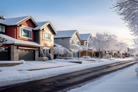 A serene suburban street in winter with snow, AI generated
