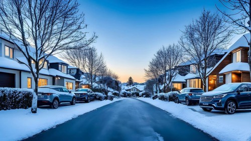 A serene suburban street in winter with snow, AI generated