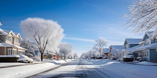 A serene suburban street in winter with snow, AI generated