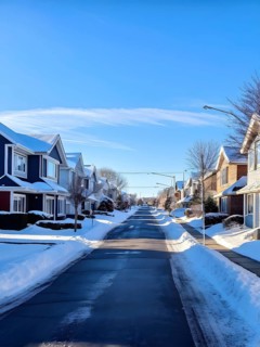 A serene suburban street in winter with snow, AI generated