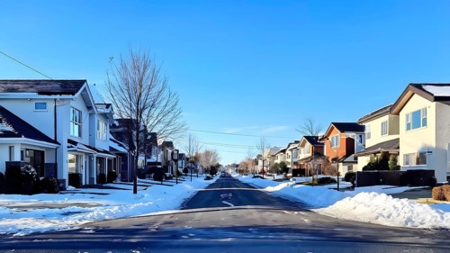 A serene suburban street in winter with snow, AI generated